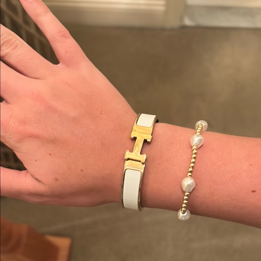Hermes Gold and White Bracelet Set with H-Style Clasp